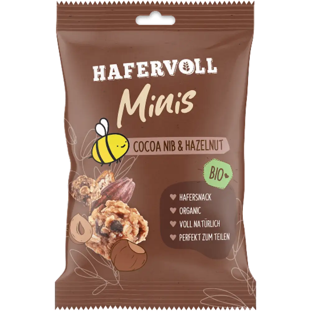 Hafervoll Organic Flapjack Hazelnut & Cocoa Nib in brauner Verpackung mit sichtbarem Riegel – Bio, ohne Zusatzstoffe
