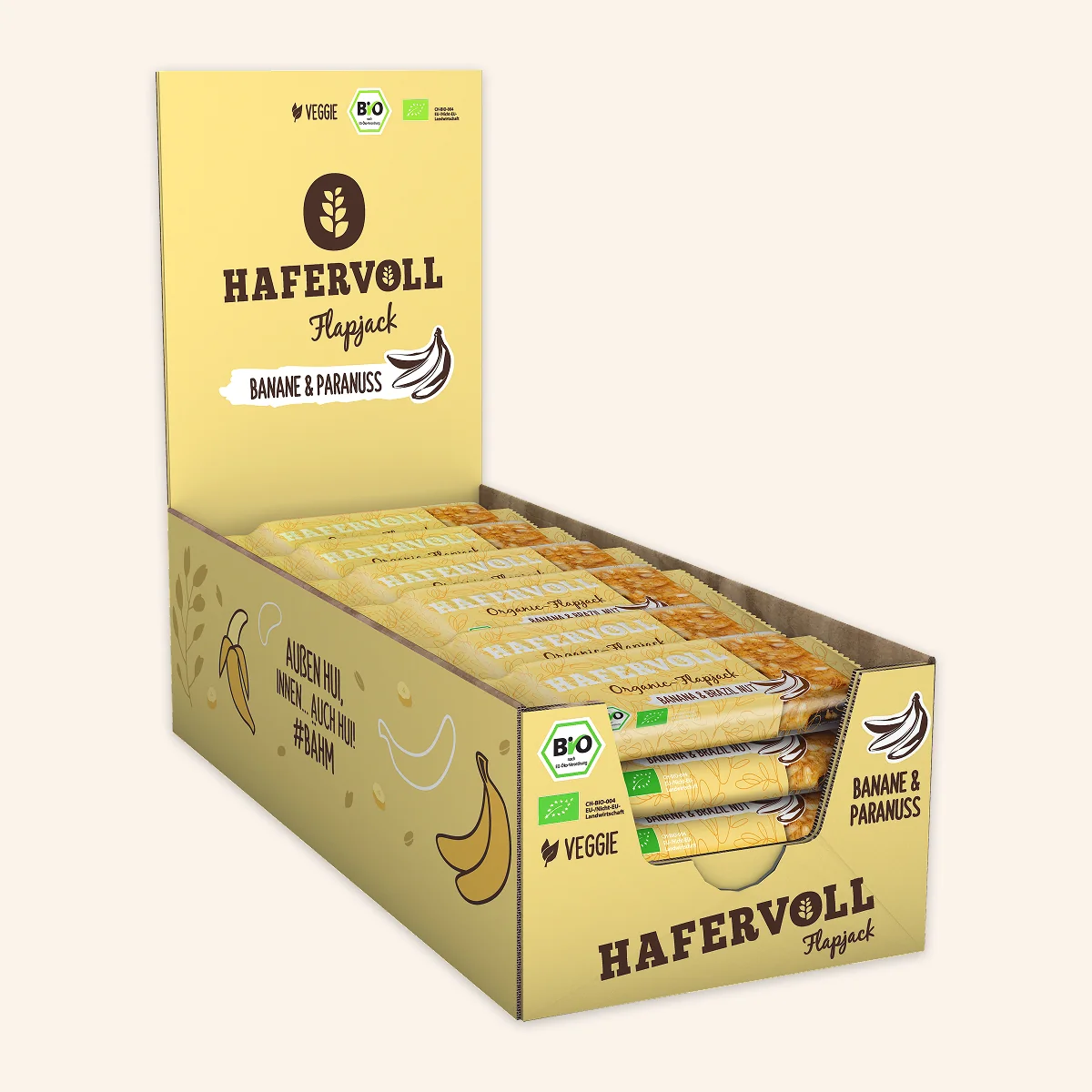 Hafervoll Organic Flapjack Hazelnut & Cocoa Nib in brauner Verpackung mit sichtbarem Riegel – Bio, ohne Zusatzstoffe