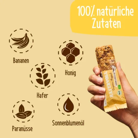 HAFERVOLL Organic Flapjack Banana & Brazil Nut 60g – Riegel in der Hand mit Zutaten-Icons