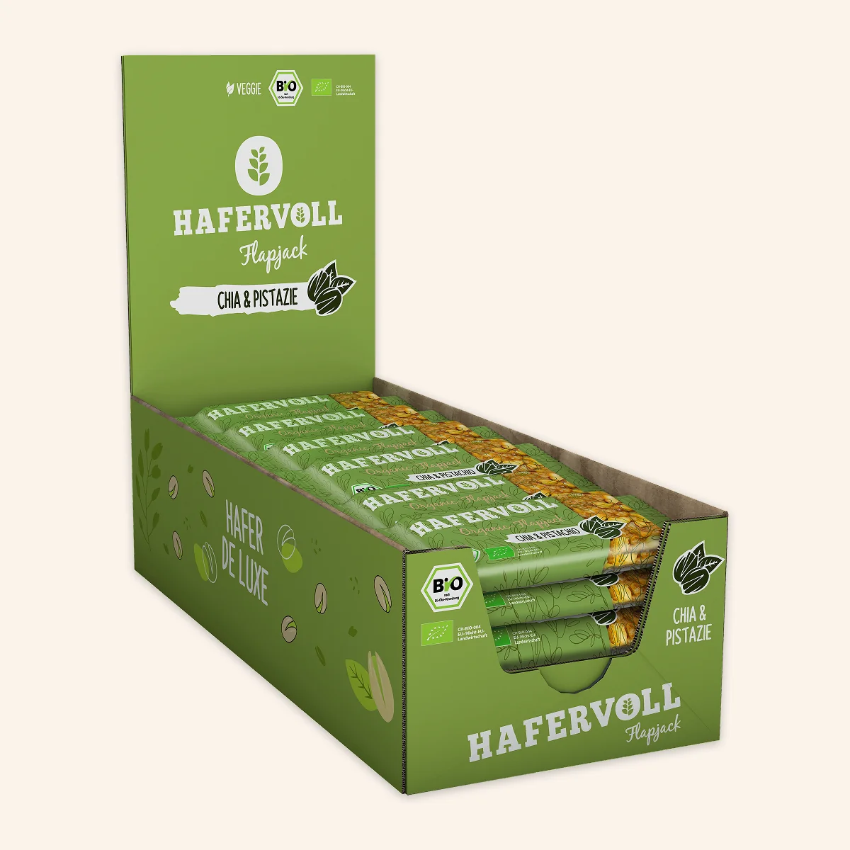 Hafervoll Organic Flapjack Hazelnut & Cocoa Nib in brauner Verpackung mit sichtbarem Riegel – Bio, ohne Zusatzstoffe