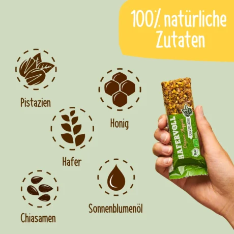 HAFERVOLL Organic Flapjack Chia & Pistachio 60g – Riegel in der Hand mit Zutaten-Icons