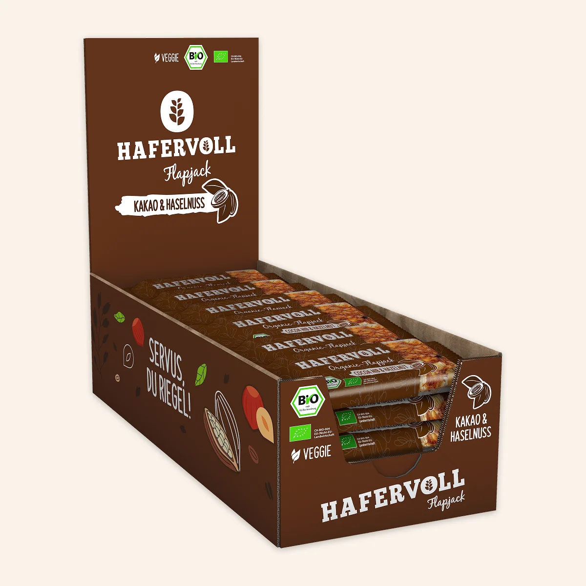 Hafervoll Organic Flapjack Hazelnut & Cocoa Nib in brauner Verpackung mit sichtbarem Riegel – Bio, ohne Zusatzstoffe