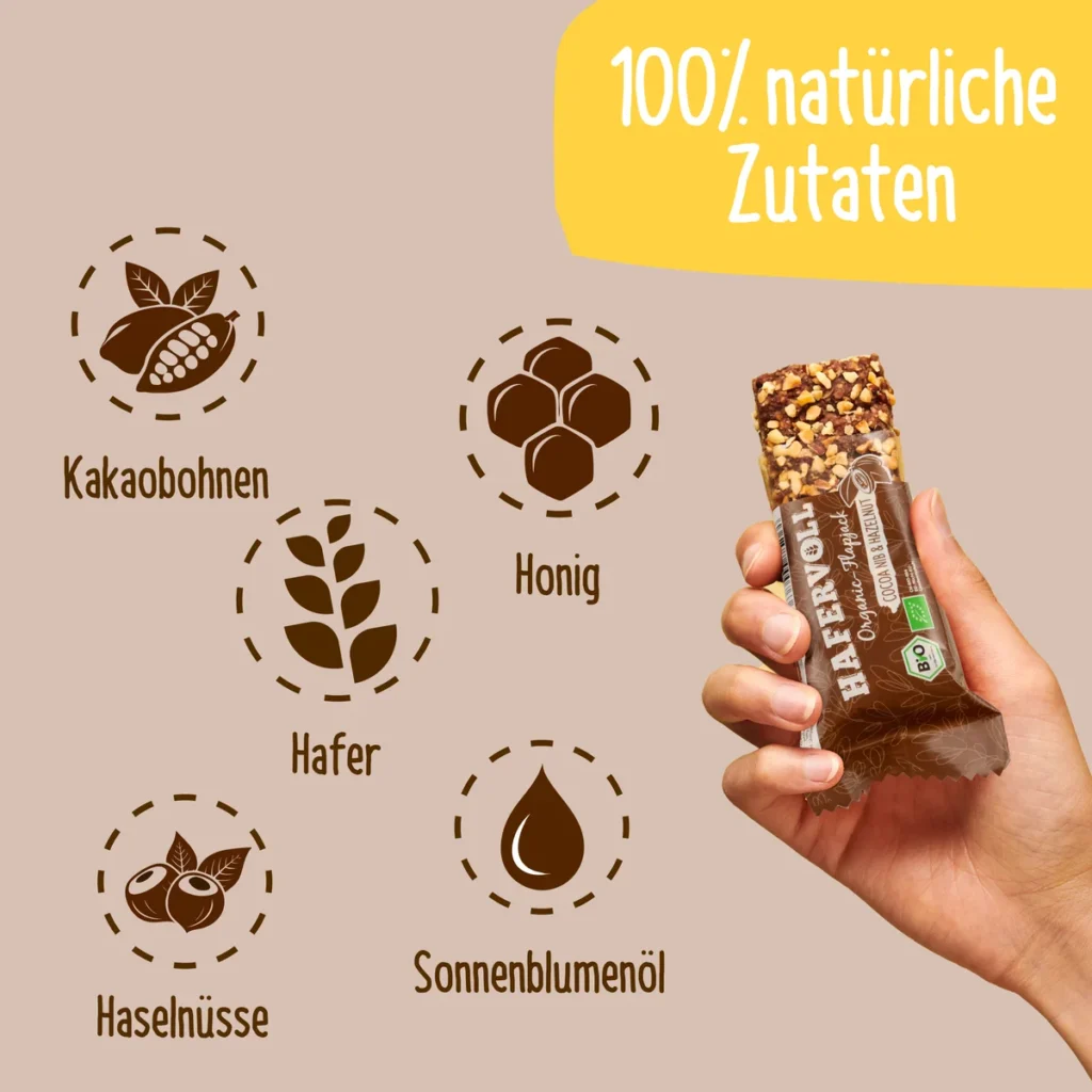 HAFERVOLL Organic Flapjack Cocoa Nib & Hazelnut 60g – Riegel in der Hand mit Zutaten-Icons