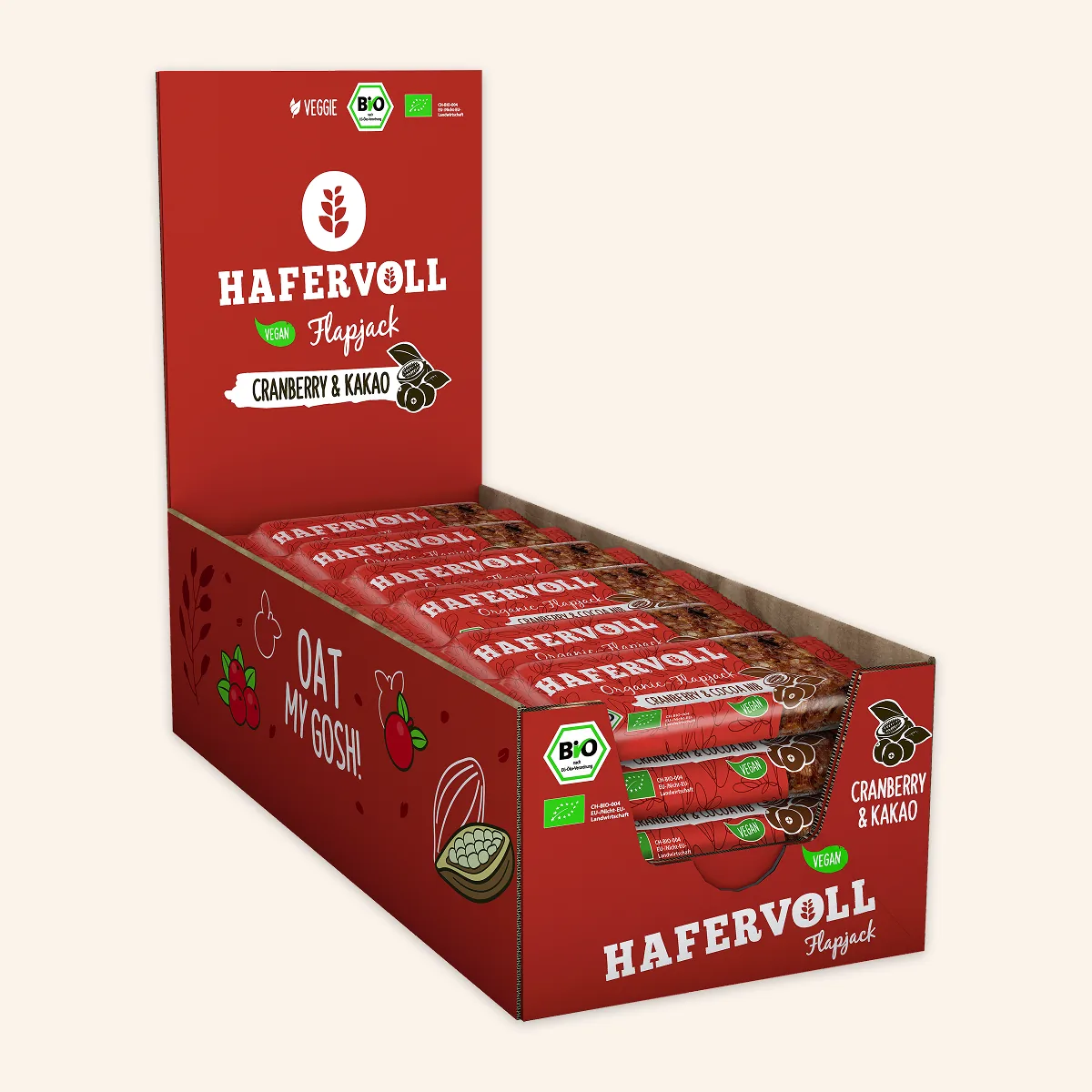 Hafervoll Organic Flapjack Hazelnut & Cocoa Nib in brauner Verpackung mit sichtbarem Riegel – Bio, ohne Zusatzstoffe