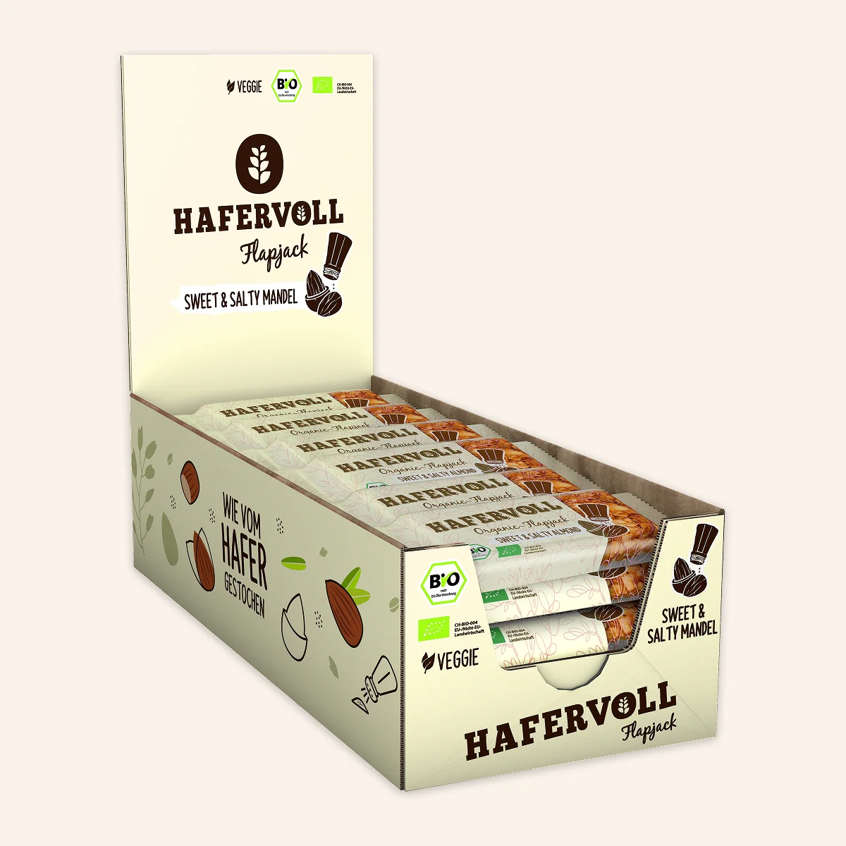 Hafervoll Organic Flapjack Hazelnut & Cocoa Nib in brauner Verpackung mit sichtbarem Riegel – Bio, ohne Zusatzstoffe