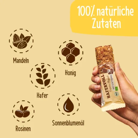 HAFERVOLL Organic Flapjack Sweet & Salty Almond 60g – Riegel in der Hand mit Zutaten-Icons