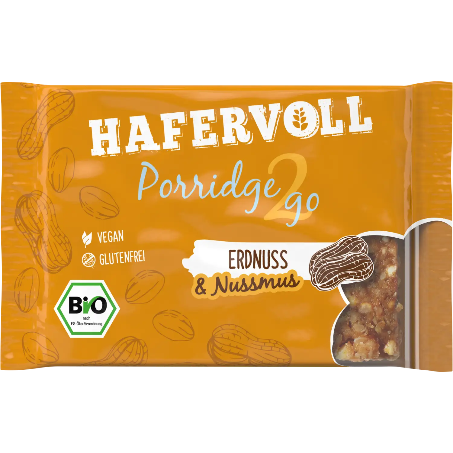 Hafervoll Organic Flapjack Hazelnut & Cocoa Nib in brauner Verpackung mit sichtbarem Riegel – Bio, ohne Zusatzstoffe