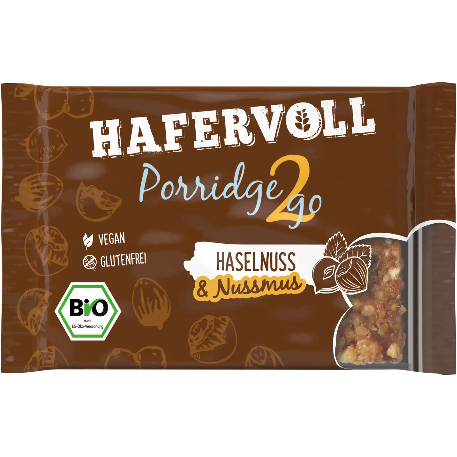 Hafervoll Organic Flapjack Hazelnut & Cocoa Nib in brauner Verpackung mit sichtbarem Riegel – Bio, ohne Zusatzstoffe