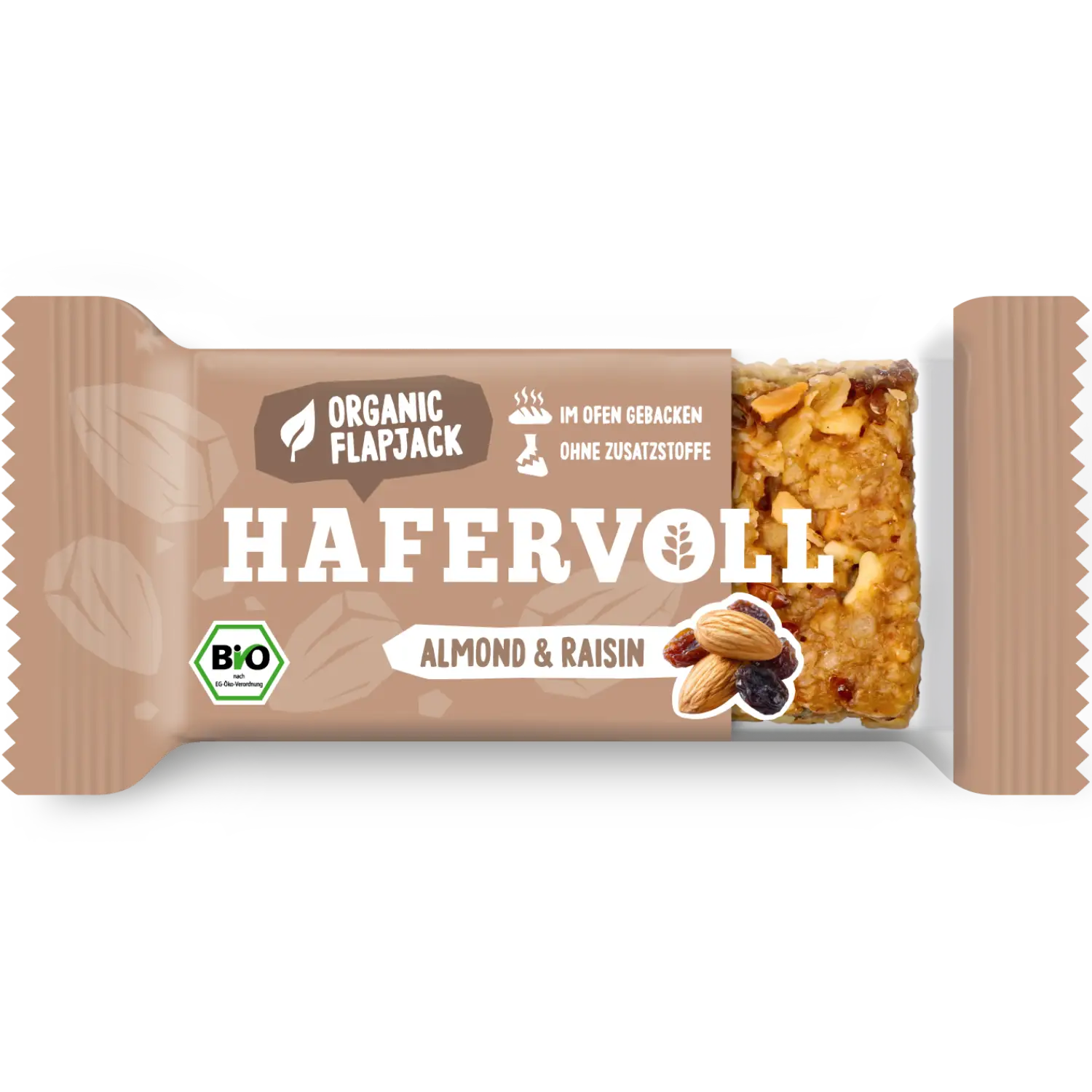 Hafervoll Organic Flapjack Hazelnut & Cocoa Nib in brauner Verpackung mit sichtbarem Riegel – Bio, ohne Zusatzstoffe
