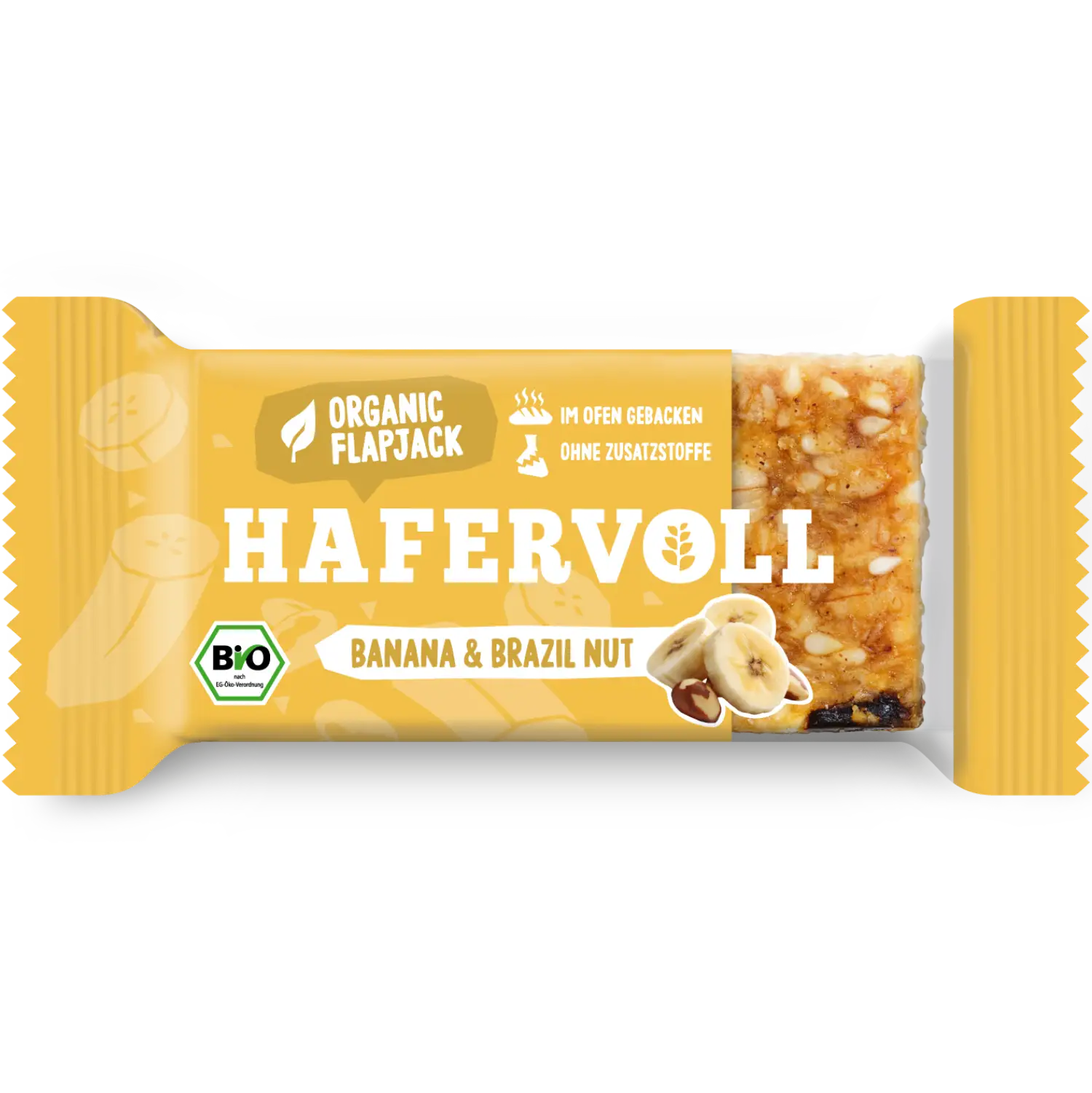 Hafervoll Organic Flapjack Hazelnut & Cocoa Nib in brauner Verpackung mit sichtbarem Riegel – Bio, ohne Zusatzstoffe