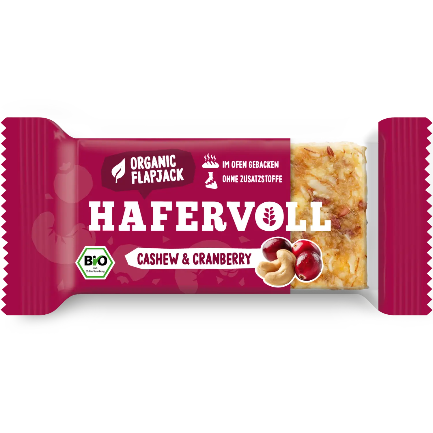 Hafervoll Organic Flapjack Hazelnut & Cocoa Nib in brauner Verpackung mit sichtbarem Riegel – Bio, ohne Zusatzstoffe