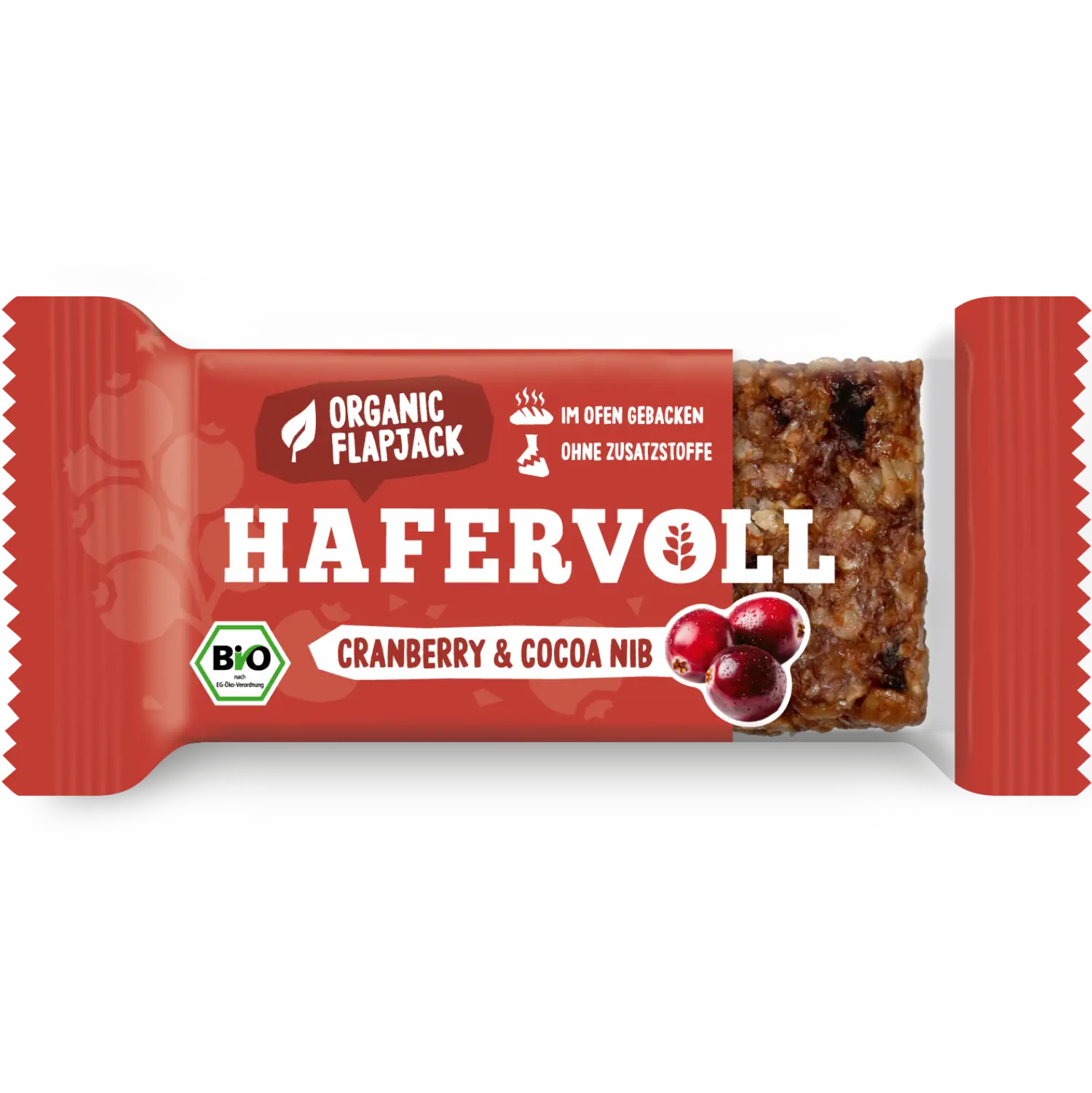 Hafervoll Organic Flapjack Hazelnut & Cocoa Nib in brauner Verpackung mit sichtbarem Riegel – Bio, ohne Zusatzstoffe