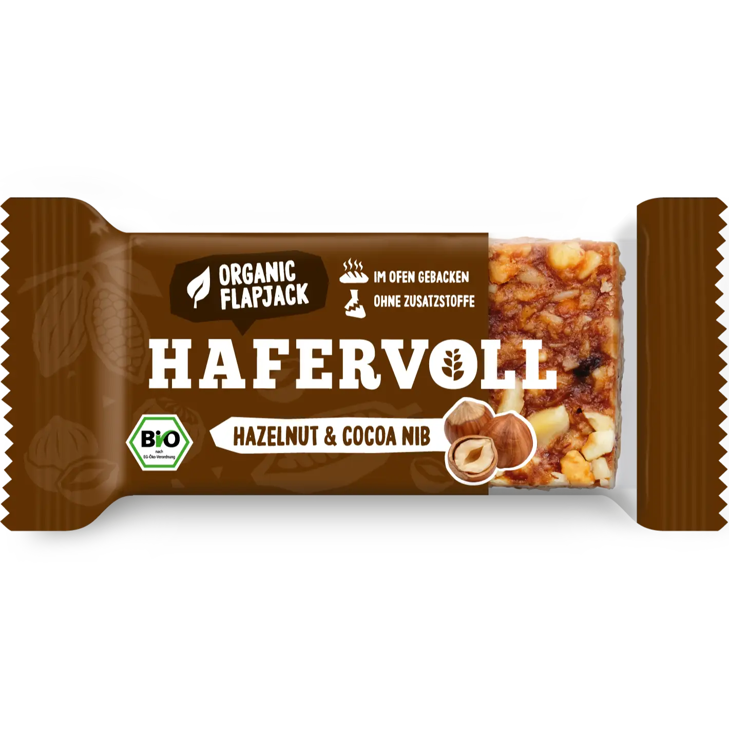 Hafervoll Organic Flapjack Hazelnut & Cocoa Nib in brauner Verpackung mit sichtbarem Riegel – Bio, ohne Zusatzstoffe