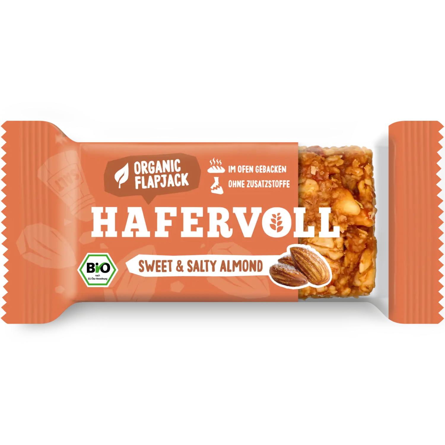 Hafervoll Organic Flapjack Hazelnut & Cocoa Nib in brauner Verpackung mit sichtbarem Riegel – Bio, ohne Zusatzstoffe
