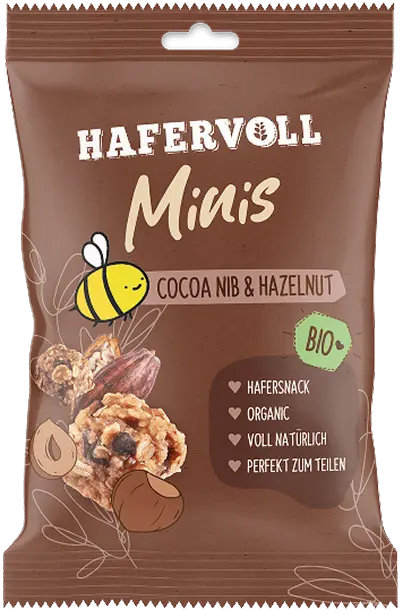 Hafervoll Minis Cocoa Nib & Hazelnut in brauner Verpackung – Bio, organic, voll natürlich