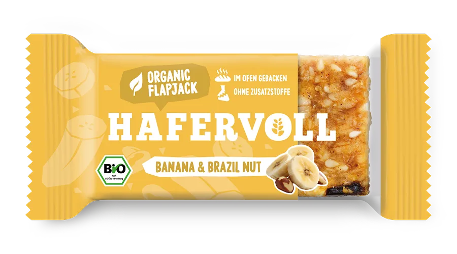 Hafervoll Organic Flapjack Banana & Brazil Nut in gelber Verpackung – Bio, im Ofen gebacken, ohne Zusatzstoffe