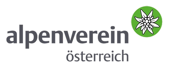 Logo des Alpenverein Österreich mit Edelweiß-Icon auf schwarzem Hintergrund
