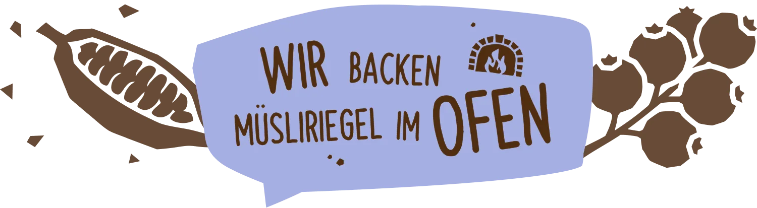 Hafervoll Illustration mit Schriftzug „Wir backen Müsliriegel im Ofen" mit Kakaoschote und Beeren